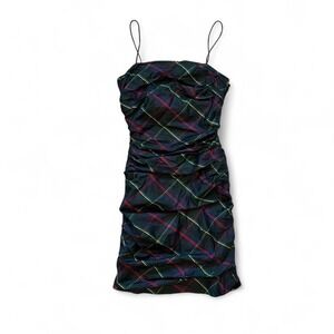 Ralph Lauren Rugby Silk Plaid Tartan Preppy ruched spaghetti strap mini dress 0